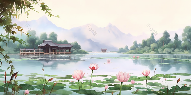 中国文化杭州西湖十景曲院风荷花背景,插画/手绘图,插画/手绘图库,插画/手绘图下载,插画/手绘